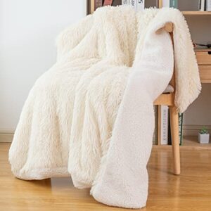 CHOSHOME Faux Fur Throw Blanket Throw Size, Plush Reversible Faux Fur and Sherpa Fleece Blanket Lightweight Fuzzy Shaggy Blanket, Comfy Fluffy Blankets and Throws for Couch Sofa Bed, 50"×60", Beige