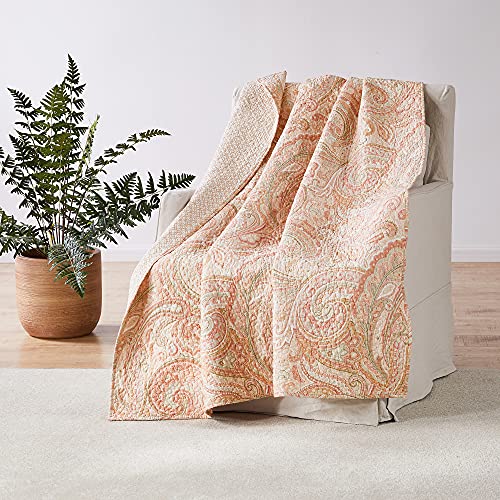 Levtex - Spruce Coral - Quilted Throw - (50 x 60) - Paisley - Coral and Tan - Reversible Pattern - Cotton Fabric