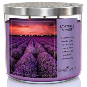 king of candle – lavender sunset candle | large 3 wick highly scented soy strong lavender candles for home | luxury / relaxation / aromatherapy / housewarming gifts for women | 14 oz + decorative lid