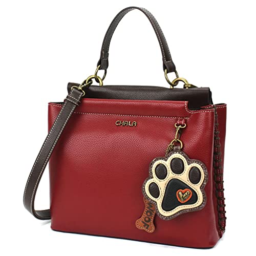 Chala Handbags Paw Print Charming Satchel Crossbody Handbag - Dog Lover, Dog Mom (Burgundy-Ivory Paw)