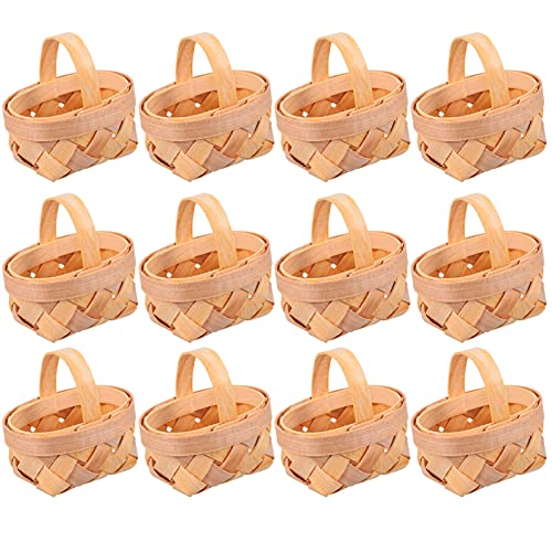 Candy Basket Bushel Basket 12pcs Mini Woven Baskets with Handles Tree Hanging Miniature Wooden Chip Baskets Ornaments for Farmhouse Rustic Wedding Party Candy Basket Bamboo Easter Basket