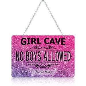hotop girl cave metal sign funny no boys allowed except dad sign girl room wall door sign decor with chain for teen girls daughter bedroom door wall decoration, 12 x 8 inch
