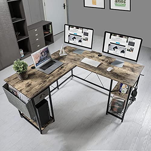 X-cosrack 88.5inch L-Shaped Computer Desk with Storage Shelves Drawer, Home Office Writing Corner Desk, 2 Person Long Desk PC Laptop Workstation with Hooks Storage Bag Cable Hole
