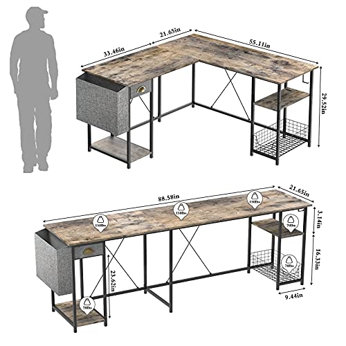 X-cosrack 88.5inch L-Shaped Computer Desk with Storage Shelves Drawer, Home Office Writing Corner Desk, 2 Person Long Desk PC Laptop Workstation with Hooks Storage Bag Cable Hole