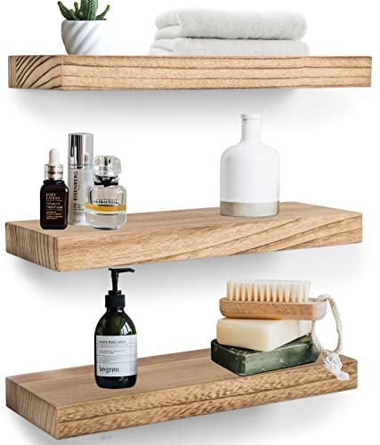 Wood Floating Shelves Wall Mounted 17 inch, 3 Tier Rustic Wooden Wall Shelves for Bathroom Living Room Bedroom Laundry Kitchen Storage Farmhouse Decor, Set of 3