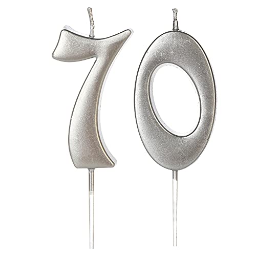 Silver 70th Birthday Candles for Cake, Number 70 7 Glitter Candle Party Anniversary Cakes Decoration for Kids Women or Men