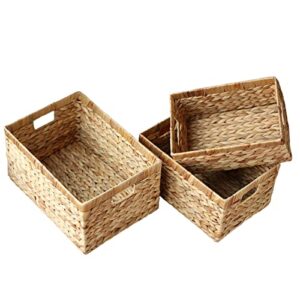 water hyacinth wicker baskets for organizing, rectangular wicker baskets with built-in handles 3-pack