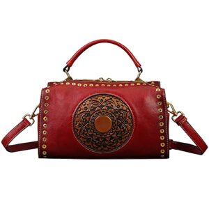 genuine leather purses pocketbooks for women, handmade vintage handbag top handle satchel mandala totem crossbody (red)