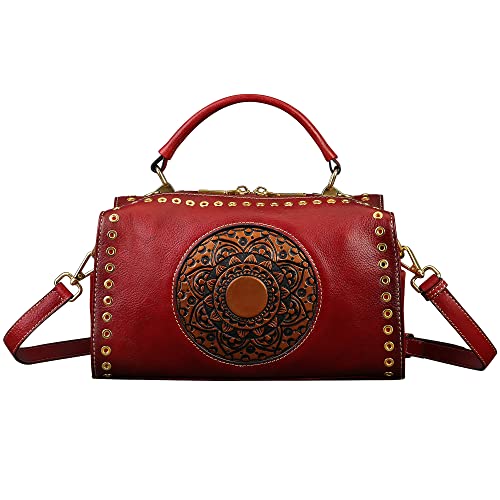 Genuine Leather Purses Pocketbooks for Women, Handmade Vintage Handbag Top Handle Satchel Mandala Totem Crossbody (Red)