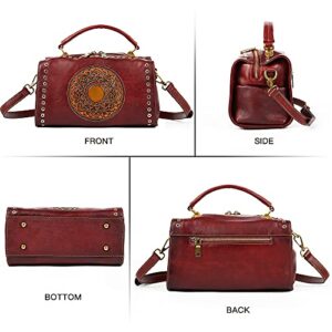 Genuine Leather Purses Pocketbooks for Women, Handmade Vintage Handbag Top Handle Satchel Mandala Totem Crossbody (Red)