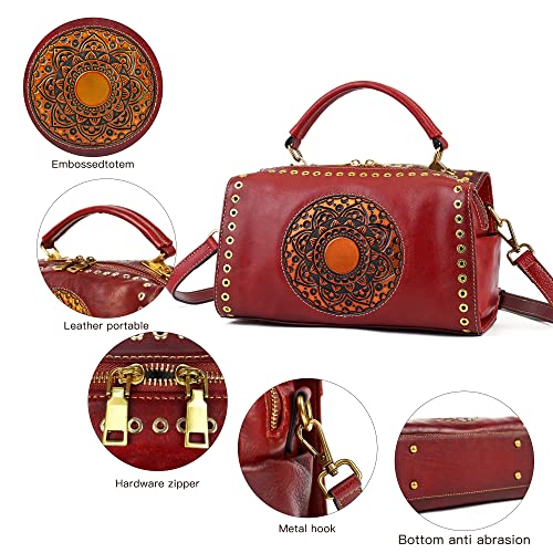 Genuine Leather Purses Pocketbooks for Women, Handmade Vintage Handbag Top Handle Satchel Mandala Totem Crossbody (Red)