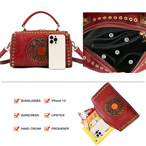 Genuine Leather Purses Pocketbooks for Women, Handmade Vintage Handbag Top Handle Satchel Mandala Totem Crossbody (Red)