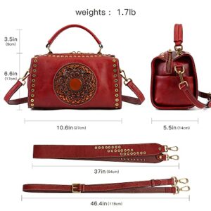 Genuine Leather Purses Pocketbooks for Women, Handmade Vintage Handbag Top Handle Satchel Mandala Totem Crossbody (Red)