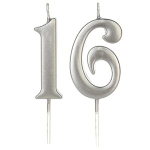 silver 16th birthday candles for cake, number 16 1 6 glitter candle party anniversary cakes decoration for kids women or men