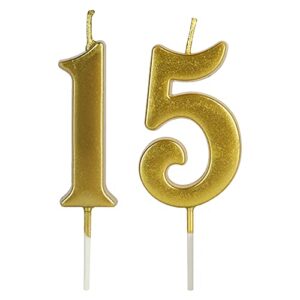 gold 15th birthday candles for cake, number 15 1 5 glitter candle party anniversary cakes decoration for kids women or men