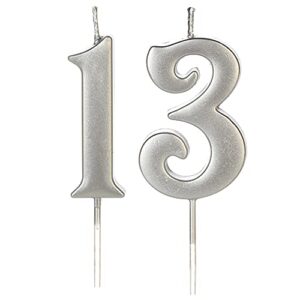 silver 13th birthday candles for cake, number 13 1 3 glitter candle party anniversary cakes decoration for kids women or men