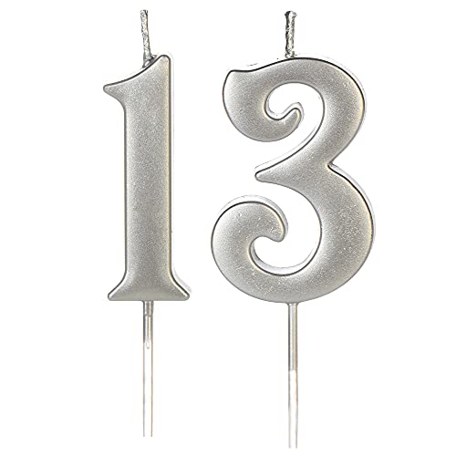 Silver 13th Birthday Candles for Cake, Number 13 1 3 Glitter Candle Party Anniversary Cakes Decoration for Kids Women or Men