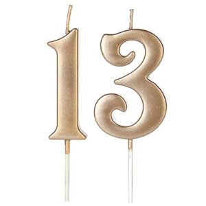 Champagne Gold 13th Birthday Candles for Cake, Number 13 1 3 Glitter Candle Party Anniversary Cakes Decoration for Kids Women or Men