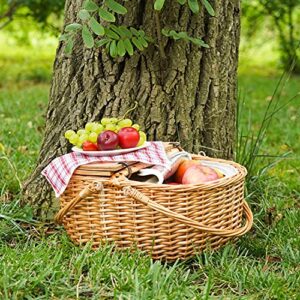 Wicker Picnic Basket with Cooler, Wooden Split Lid Picnic Basket, Vintage-Style Wicker Picnic Hamper with Folding Woven Handle for Picnic, Camping, Outdoor, Valentine Day, Thanks Giving, Birthday