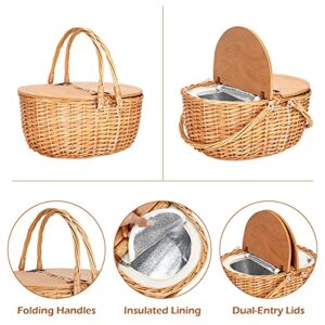 Wicker Picnic Basket with Cooler, Wooden Split Lid Picnic Basket, Vintage-Style Wicker Picnic Hamper with Folding Woven Handle for Picnic, Camping, Outdoor, Valentine Day, Thanks Giving, Birthday