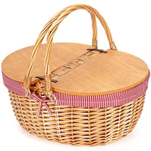 wicker picnic basket with liner, wooden split lid picnic basket, vintage-style wicker picnic hamper with folding woven handle for picnic, camping, outdoor, valentine day, thanks giving, birthday (red)