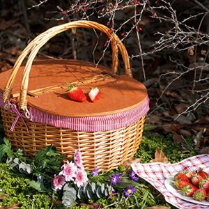 Wicker Picnic Basket with Liner, Wooden Split Lid Picnic Basket, Vintage-Style Wicker Picnic Hamper with Folding Woven Handle for Picnic, Camping, Outdoor, Valentine Day, Thanks Giving, Birthday (Red)