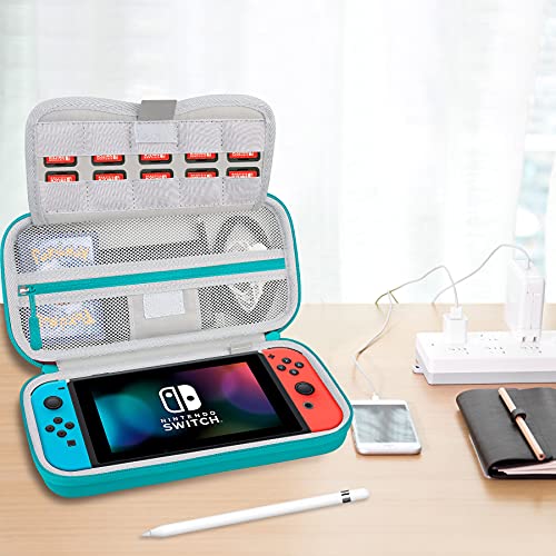 BOVKE Switch Case Compatible with Nintendo Switch/OLED Model, Hard Protective Nintendo Switch Carrying Case with Game Cartridges Storage & Playstand Function, Mesh Pouch for Accessories, Turquoise