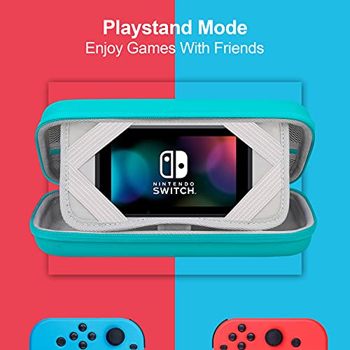 BOVKE Switch Case Compatible with Nintendo Switch/OLED Model, Hard Protective Nintendo Switch Carrying Case with Game Cartridges Storage & Playstand Function, Mesh Pouch for Accessories, Turquoise