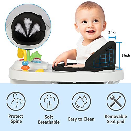 Kinder King 3 in 1 Folding Baby Walker, Activity Walker for Boys Girls, Learning-Seated, Toddler Walk-Behind w/Music Toys, Adjustable Height & Speed, Safety Bumper, Infant Walker Anti-Rollover, Black