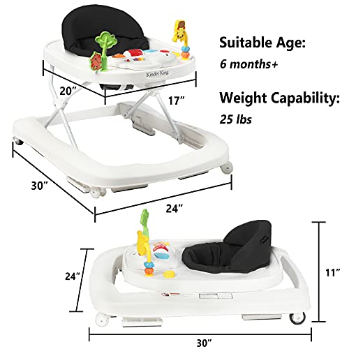 Kinder King 3 in 1 Folding Baby Walker, Activity Walker for Boys Girls, Learning-Seated, Toddler Walk-Behind w/Music Toys, Adjustable Height & Speed, Safety Bumper, Infant Walker Anti-Rollover, Black