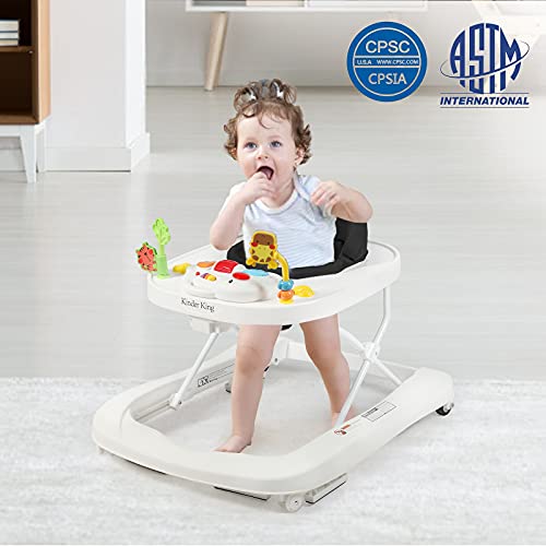 Kinder King 3 in 1 Folding Baby Walker, Activity Walker for Boys Girls, Learning-Seated, Toddler Walk-Behind w/Music Toys, Adjustable Height & Speed, Safety Bumper, Infant Walker Anti-Rollover, Black