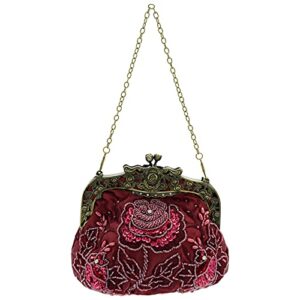 ro rox margeret vintage clutch bag for women – floral beaded bag for evening – 2 removable shoulder chain – antique kiss lock with large diamantes – black sparkly handbag for wedding party, red