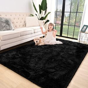 jelymark super soft shaggy rug for bedroom, 4×5.9 fluffy carpet for living room, fuzzy indoor plush area rug for home decor, furry floor rugs for dorm, cute kids nursery rug for girls, black