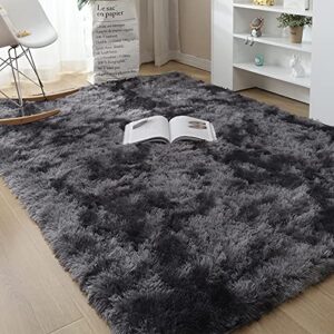 area rug for living room, faux fur shag rug for bedroom home detor, non-slip nursery rugs for kids room, baby room, girls room, modern indoor floor carpets (6x9ft, black grey)