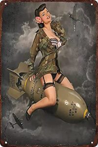 vintage tin sign pin up girl military girl retro metal signs,for garage family bar cafe room bathroom art wall decor poster 12 x 8 inch
