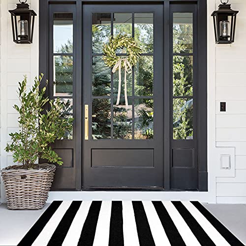 BOTTALIVE Black and White Striped Outdoor Rugs 35.5'' x 59'' Front Porch Rug Cotton Hand-Woven Area Rug for Layered Door Mats, Farmhouse, Entry Way, Welcome Door Mat