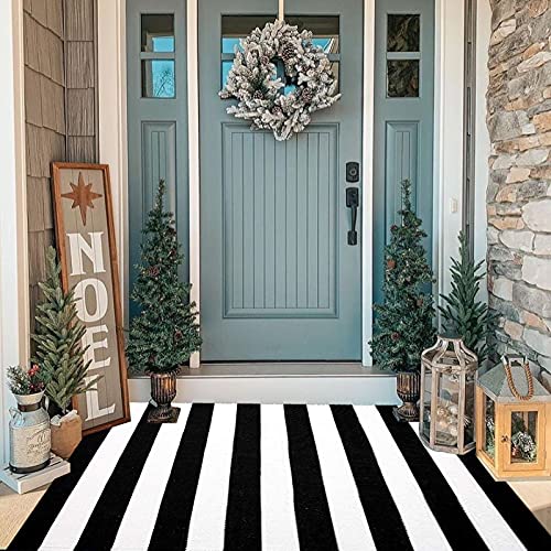 BOTTALIVE Black and White Striped Outdoor Rugs 35.5'' x 59'' Front Porch Rug Cotton Hand-Woven Area Rug for Layered Door Mats, Farmhouse, Entry Way, Welcome Door Mat