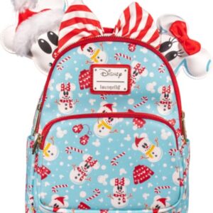 Loungefly Disney Christmas Mickey and Minnie Snowman AOP Womens Double Strap Shoulder Bag Purse with Ears Headband