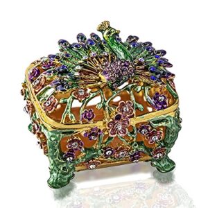 yu feng peacock figurine trinket boxes hinged collectible crystal jeweled enameled ring holder animal jewelry box dressing table ornament