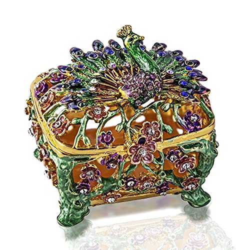 YU FENG Peacock Figurine Trinket Boxes Hinged Collectible Crystal Jeweled Enameled Ring Holder Animal Jewelry Box Dressing Table Ornament