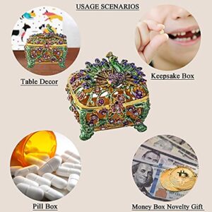 YU FENG Peacock Figurine Trinket Boxes Hinged Collectible Crystal Jeweled Enameled Ring Holder Animal Jewelry Box Dressing Table Ornament