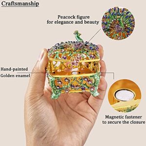 YU FENG Peacock Figurine Trinket Boxes Hinged Collectible Crystal Jeweled Enameled Ring Holder Animal Jewelry Box Dressing Table Ornament