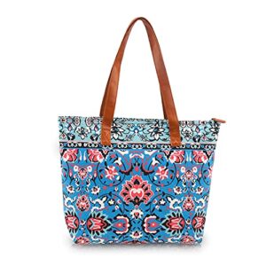 NC Floral Canvas Tote bags Shoulder Bag Women Zip GYM Hiking Picnic Travel Beach Pool Weekend Book Bag(Blue Flor)