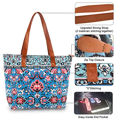 NC Floral Canvas Tote bags Shoulder Bag Women Zip GYM Hiking Picnic Travel Beach Pool Weekend Book Bag(Blue Flor)