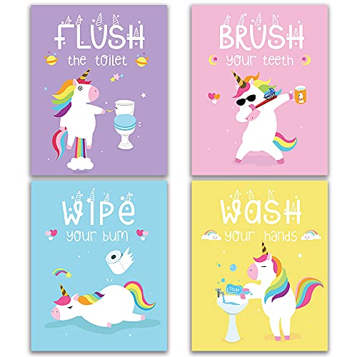 IIILUYOT Funny Unicorn Bathroom Decor, Wash Wipe Flush Brush, Unicorn Decor Gift, Unicorn Rainbow Girls Gift Art Prints, (Unframed8 x 10), Cute Kids Children’s Tween Posters for Home