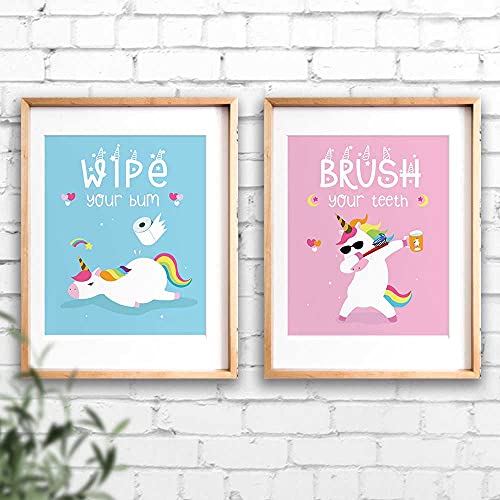 IIILUYOT Funny Unicorn Bathroom Decor, Wash Wipe Flush Brush, Unicorn Decor Gift, Unicorn Rainbow Girls Gift Art Prints, (Unframed8 x 10), Cute Kids Children’s Tween Posters for Home