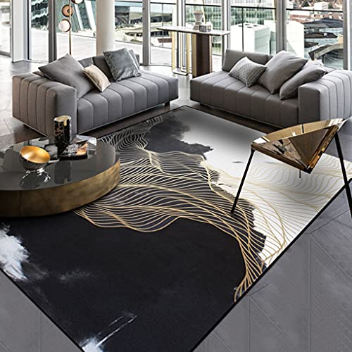 Doramei Modern Abstract Area Rugs Black and Beige Gold Lines Contemporary Carpets for Livingroom Bedroom Stylish Art Marble Waves Guestroom Playroom Coffee Table Indoor Runner 6x8ft D, 6 x 8 ft