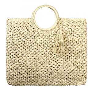 straw tote bag women large square hand woven handbags beach hobo bag for daily use beach shopping travel (beige)