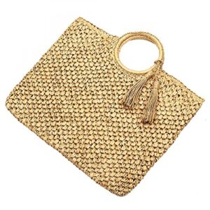 Straw Tote Bag Women Large Square Hand Woven Handbags Beach Hobo Bag for Daily Use Beach Shopping Travel (Beige)