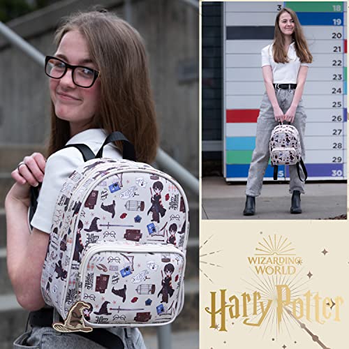 Harry Potter Wizarding World Magic Mini Purse Backpack with Hogwarts Allover Icon Print, 10.5 Inches, Adjustable Straps, Faux Leather